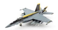 Front port side view of Hobby Master HA5125 - 1/72 scale diecast model Boeing F/A-18E Super Hornet tail code NF/200 of VFA-27 "Royal Maces", US Navy. Deployed with Carrier Air Wing Five (CVW-57) aboard the USS Ronald Regan (CVN-76), 2015.