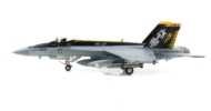 Port side view of Hobby Master HA5125 - 1/72 scale diecast model Boeing F/A-18E Super Hornet tail code NF/200 of VFA-27 "Royal Maces", US Navy. Deployed with Carrier Air Wing Five (CVW-57) aboard the USS Ronald Regan (CVN-76), 2015.