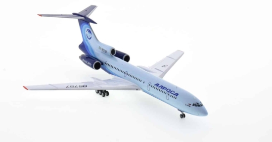 Front starboard side view of the 1/200 scale diecast model Tupolev Tu-154M registration RA-85757 in Air Company ALROSA livery - Herpa HE571388