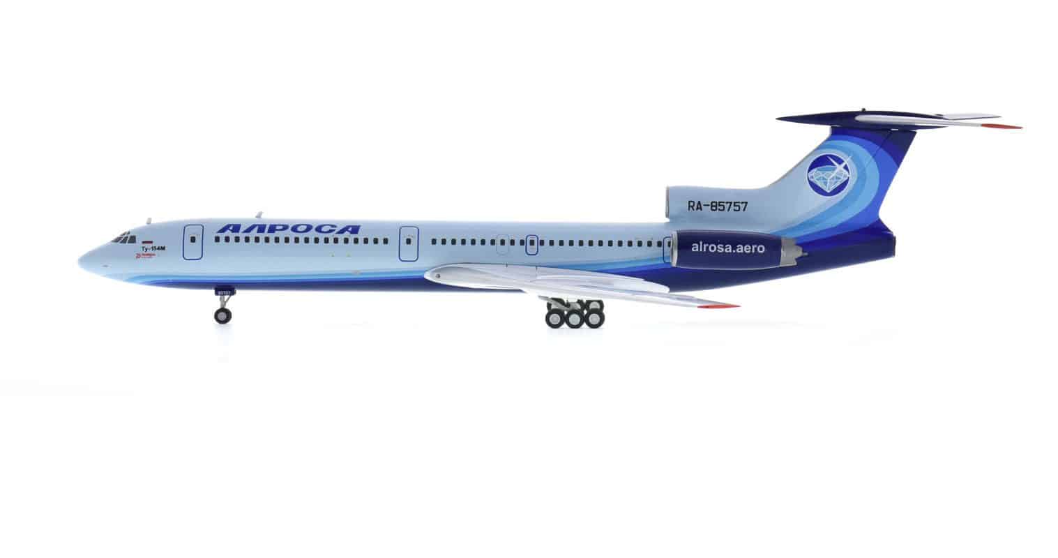 Port side view of Herpa HE571388 - 1/200 scale diecast model of the Tupolev Tu-154M registration RA-85757 in Air Company ALROSA livery, October 2020. This aircraft operated the last commercial flight in Russia of the Tu-154.
