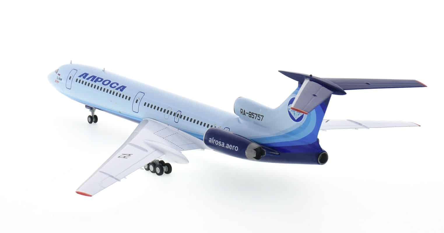Rear view of Herpa HE571388 - 1/200 scale diecast model of the Tupolev Tu-154M registration RA-85757 in Air Company ALROSA livery, October 2020. This aircraft operated the last commercial flight in Russia of the Tu-154.
