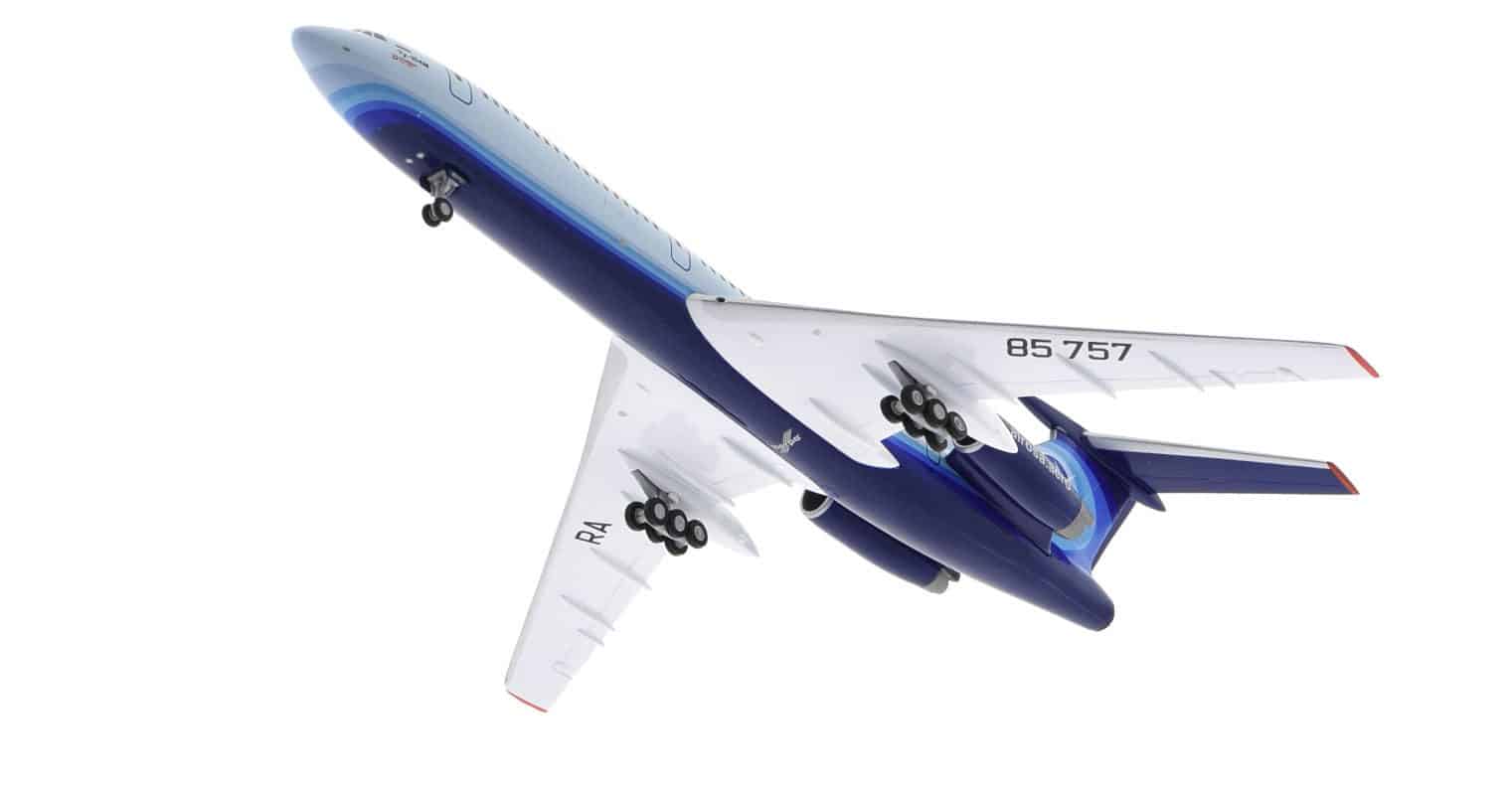 Underside view of Herpa HE571388 - 1/200 scale diecast model of the Tupolev Tu-154M registration RA-85757 in Air Company ALROSA livery, October 2020. This aircraft operated the last commercial flight in Russia of the Tu-154.