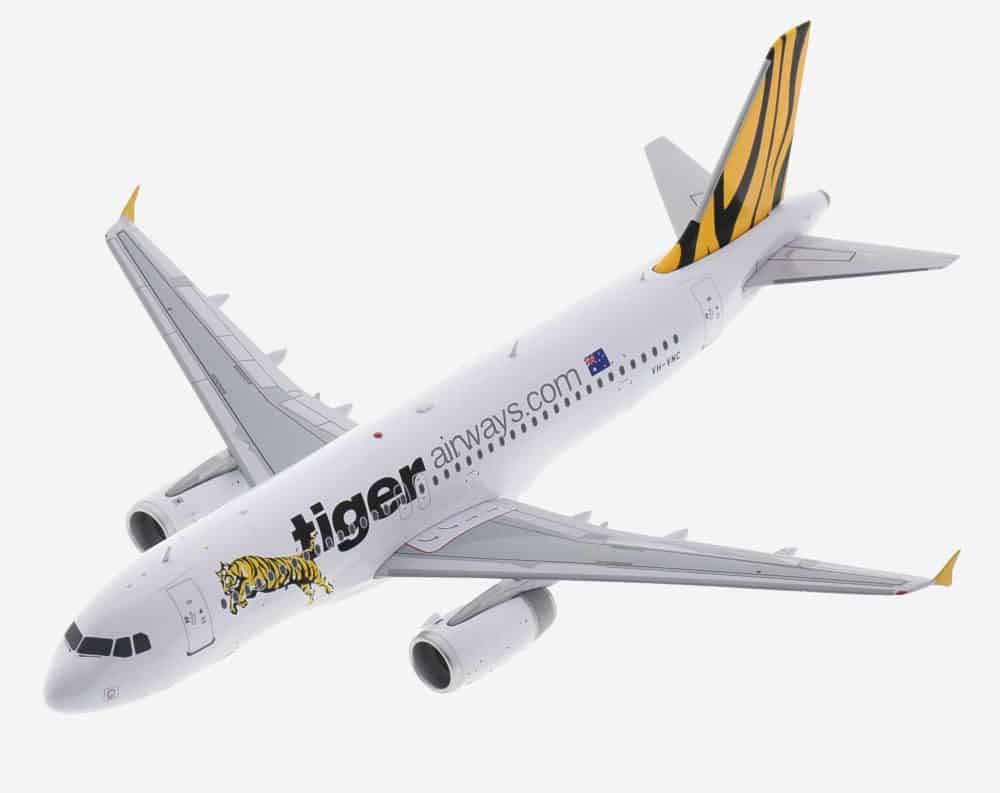 Top view of JC Wings IF320TT0721 - 1/200 scale diecast model Airbus A320-200  of registration VH-VNH, Tigerair Australia