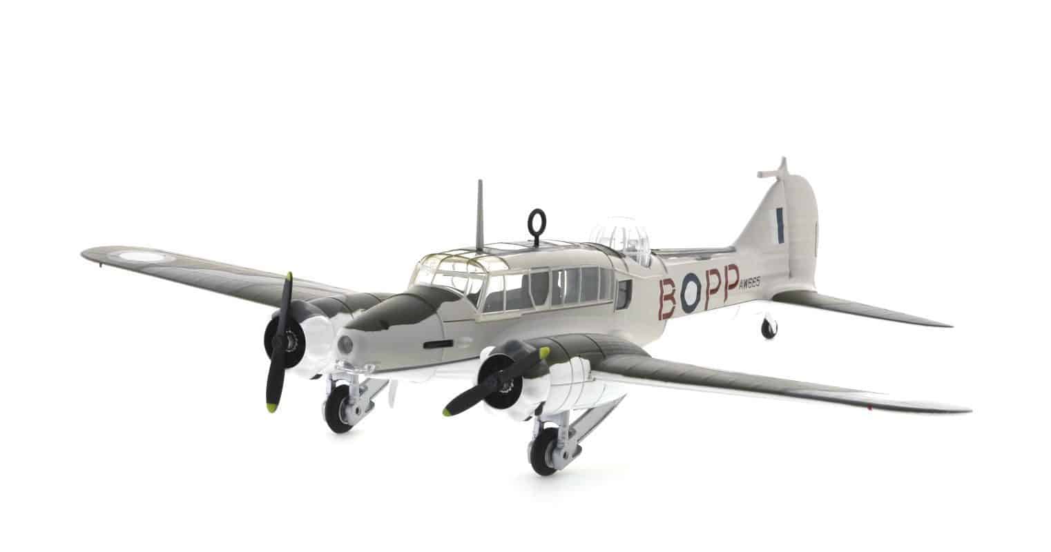 Front port side view of Oxford Diecast 72AA004 - 1/72 scale diecast model Avro Anson Mk. I of s/n AW665, aircraft code B-PP, N0. 71 Sqn, RAAF, at the time stationed at RAAF Station Lowood, Queensland, in 1943.