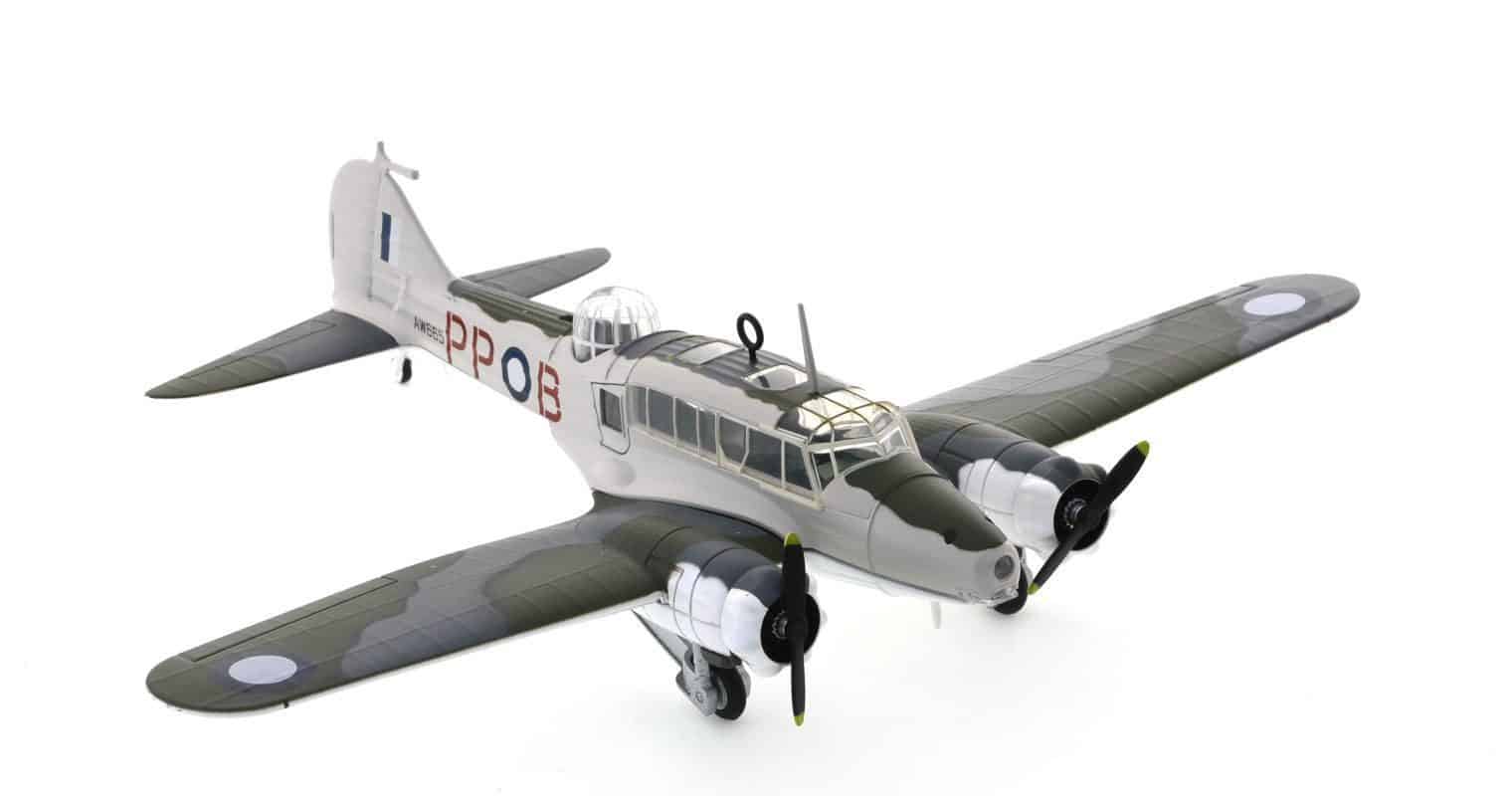 Front starboard side view of Oxford Diecast 72AA004 - 1/72 scale diecast model Avro Anson Mk. I of s/n AW665, aircraft code B-PP, N0. 71 Sqn, RAAF, at the time stationed at RAAF Station Lowood, Queensland, in 1943.