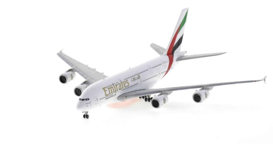 Front port side view of Gemini Jets GJUAE2054 - 1/400 scale diecast model of the Airbus A380-800, registration A6-EUV, in Emirates livery.