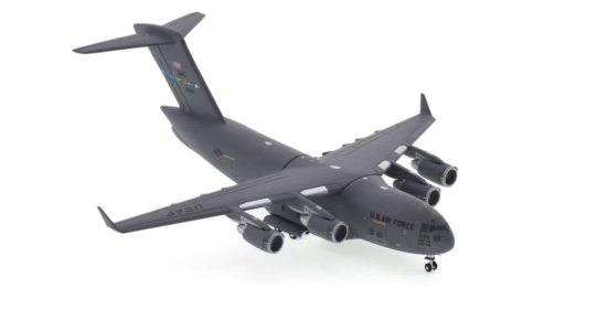 Front starboard side view of Gemini Jets GMUSA113 - 1/400 scale diecast model Boeing C-17 Globemaster III of the 3rd AS, 436th AW, USAF, stationed at Dover AFB, Delaware, USA.