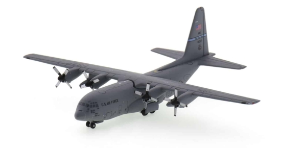 Front port view of Gemini Jets GMUSA114 - 1/400 scale diecast model Lockheed C-130H  Hercules s/n 90-1057 of 142nd AS, DE ANG.