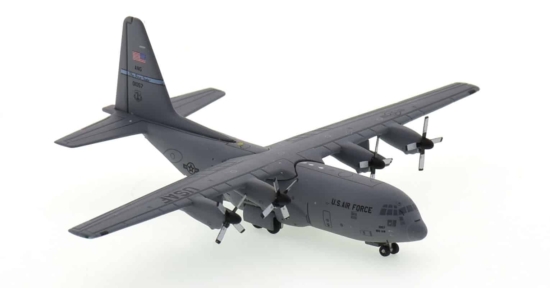 Front starboard view of Gemini Jets GMUSA114 - 1/400 scale diecast model Lockheed C-130H  Hercules s/n 90-1057 of 142nd AS, DE ANG.