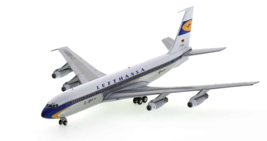Front port side view of JFox JF-707-4-001P - 1/200 scale diecast model of the Boeing 707-458 (B707-420C) registered  D-ABOC in Lufthansa livery, circa 1990.