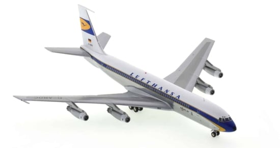 Front starboard side view of JFox JF-707-4-001P - 1/200 scale diecast model of the Boeing 707-458 (B707-420) registered  D-ABOC in Lufthansa livery, circa 1990.