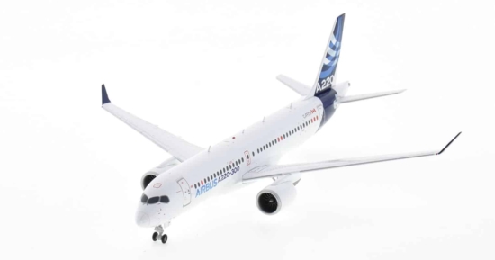 Front port side view of JC Wings LH2AIR275 / LH2275 -  1/200 scale diecast model Airbus A220-300 (Bombardier CS300) of registration C-FFDK in Airbus house colours.