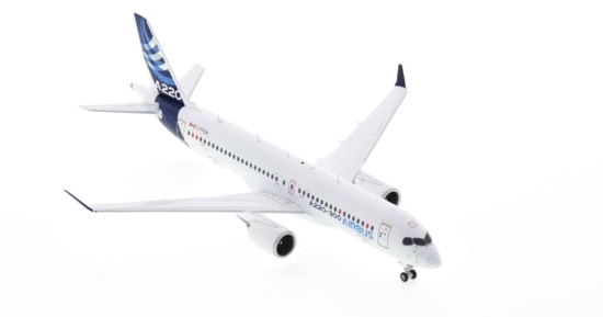 Front starboard side view of JC Wings LH2AIR275 / LH2275 -  1/200 scale diecast model Airbus A220-300 (Bombardier CS300) of registration C-FFDK in Airbus house colours.