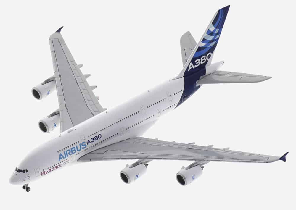 Top view of JC Wings LH4AIR153 / LH4153 - 1/400 scale diecast model of the Airbus A380-800, registration F-WWDD with "iflyA380.com titles in Airbus house colours.