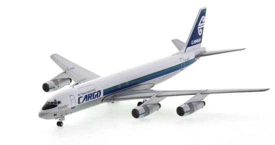 Front port side view of Douglas DC-8-52  1/200 scale diecast model of registration ZK-NZC, Air New Zealand Cargo - Aero Classics 200 AC2ZKND
