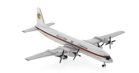 Front starboard side view of the Ilyushin Il-18D 1/400 scale diecast model of  registration SU-AOYL, Egyptair, circa the early 1970s - AeroClassics AC411098