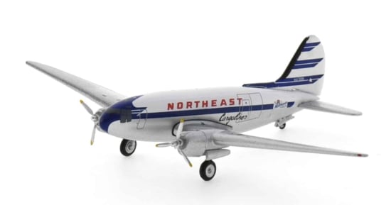 Front port side view of the Curtiss C-46F Commando 1/400 scale diecast model of registration N4718N, Northeast Airlines, circa the early 1950s - AeroClassics AC411116