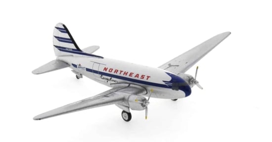 Front starboard side view of the Curtiss C-46F Commando 1/400 scale diecast model of registration N4718N, Northeast Airlines, circa the early 1950s - AeroClassics AC411116