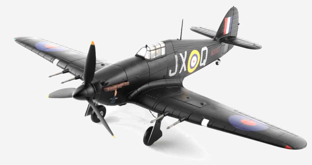 Front port side view of Hobby Master HA8654 - 1/48 scale diecast model Hawker Hurricane Mk IIC s/n BD983, squadron code JX-Q. Flown by Sqn Ldr James MacLachlan of No. 1 Sqn, RAF during night intruder ops, September 1941 until June 1942.