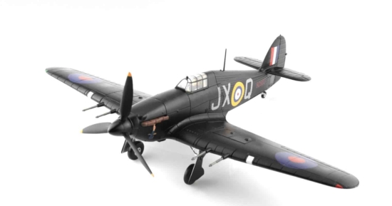 Front port side view of Hobby Master HA8654 - 1/48 scale diecast model Hawker Hurricane Mk IIC s/n BD983, squadron code JX-Q. Flown by Sqn Ldr James MacLachlan of No. 1 Sqn, RAF during night intruder ops, September 1941 until June 1942.
