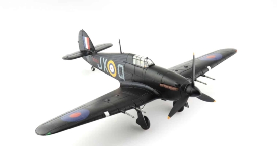 Front starboard side view of Hobby Master HA8654 - 1/48 scale diecast model Hawker Hurricane Mk IIC s/n BD983, squadron code JX-Q. Flown by Sqn Ldr James MacLachlan of No. 1 Sqn, RAF during night intruder ops, September 1941 until June 1942.