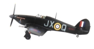 Port side view of Hobby Master HA8654 - 1/48 scale diecast model Hawker Hurricane Mk IIC s/n BD983, squadron code JX-Q. Flown by Sqn Ldr James MacLachlan of No. 1 Sqn, RAF during night intruder ops, September 1941 until June 1942.