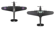 Top and underside view of Hobby Master HA8654 - 1/48 scale diecast model Hawker Hurricane Mk IIC s/n BD983, squadron code JX-Q. Flown by Sqn Ldr James MacLachlan of No. 1 Sqn, RAF during night intruder ops, September 1941 until June 1942.