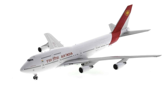 Front port side view of the Boeing 747-300M 1/200 scale diecast model of registration VT-EPX named "Narasimha Varman" in Air India livery, circa 1990 - Inflight200 IF743AI0522