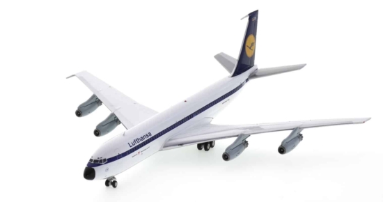 Front port side view of JFox JF-707-4-003 - 1/200 scale diecast model of the Boeing 707-430 (B707-420), registered  D-ABOB in Lufthansa livery, circa the 1970s.
