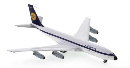 Front starboard side view of JFox JF-707-4-003 - 1/200 scale diecast model of the Boeing 707-430 (B707-420), registered  D-ABOB in Lufthansa livery, circa the 1970s.