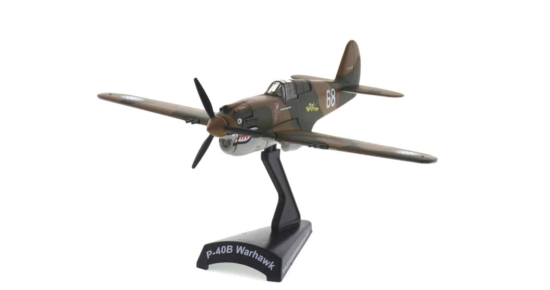 Front port side view of the Curtiss P-40 Warhawk 1/90 scale diecast model 0f “White 68” flown by Charles Older, 3rd PS “Hell’s Angels”, AVG “Flying Tigers”, Burma, May 1942 - Postage Stamp Collection PS53541 