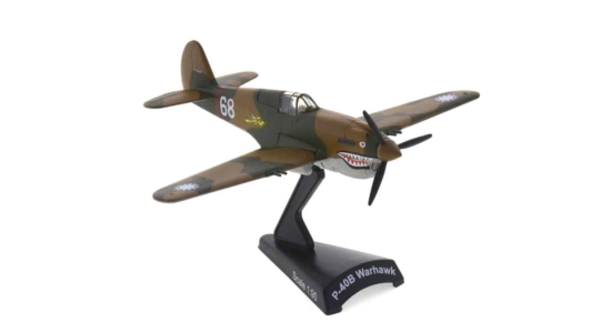 Front starboard side view of the Curtiss P-40 Warhawk 1/90 scale diecast model 0f “White 68” flown by Charles Older, 3rd PS “Hell’s Angels”, AVG “Flying Tigers”, Burma, May 1942 - Postage Stamp Collection PS53541 