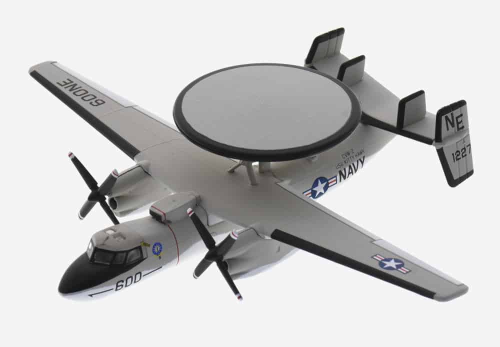 Top view of the Grumman E-2C Hawkeye 1/145 scale diecast model, tail code NE/600 of  VAW-116 "Sun Kings", CVW-2, US Navy deployed aboard the USS Kitty Hawk (CV-63), circa January 1984 - Postage Stamp Collection PS53791