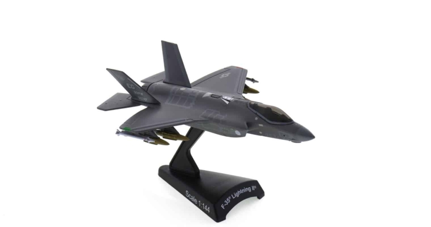 Front starboard side view of the Lockheed Martin F-35A Lightning II 1/144 scale diecast model  of serial number 08-0747, 58th FS, 33rd FW, USAF assigned to the F-35 Integrated Training Center – Eglin Air Force Base in Florida, USA - Postage Stamp Collection PS5602