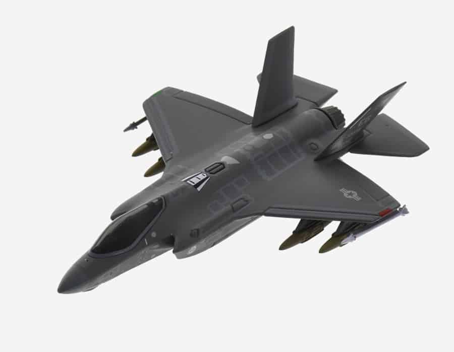 Top view of the Lockheed Martin F-35A Lightning II 1/144 scale diecast model  of serial number 08-0747, 58th FS, 33rd FW, USAF assigned to the F-35 Integrated Training Center – Eglin Air Force Base in Florida, USA - Postage Stamp Collection PS5602