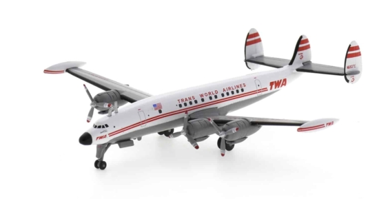 Front port side view of theLockheed  L-1049G Super Constellation 1/300 scale diecast model registration N6937C, Airline History Museum in TWA livery - Postage Stamp Collection PS58061