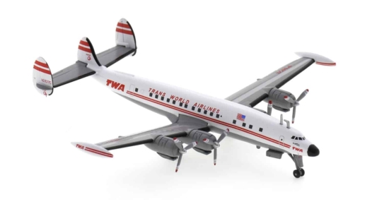 Front starboard side view of the Lockheed  L-1049G Super Constellation 1/300 scale diecast model registration N6937C, Airline History Museum in TWA livery - Postage Stamp Collection PS58061
