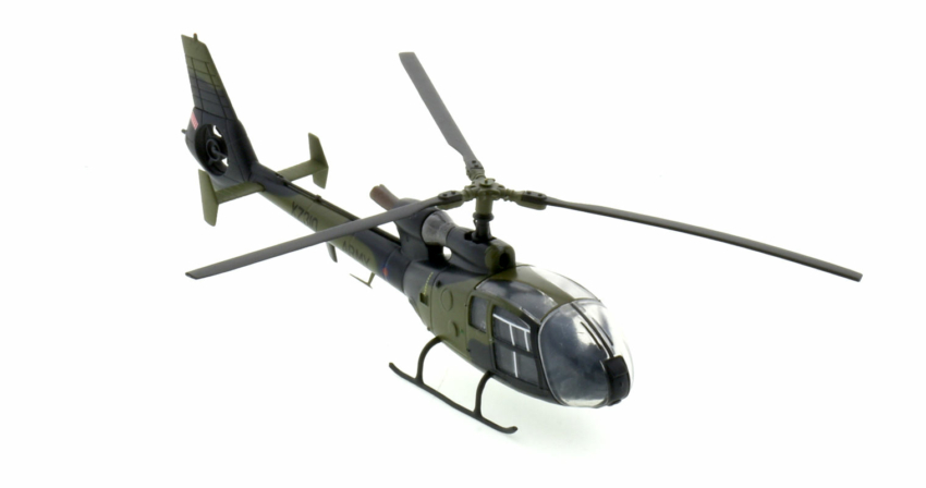 Front starboard side view of the 1/72 scale diecast model Westland Gazelle AH. 1 serial XZ310 of No. 670 Squadron 7 (Training) Regiment, Army Air Corps, British Army - Aviation72 AV72-24-002