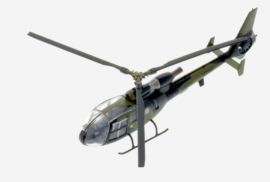 Top view of the 1/72 scale diecast model Westland Gazelle AH. 1 serial XZ310 of No. 670 Squadron 7 (Training) Regiment, Army Air Corps, British Army - Aviation72 AV72-24-002
