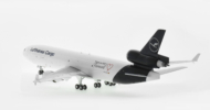 Rear view of the McDonnell Douglas MD-11F 1/200 scale diecast model, registration D-ALCC in Lufthansa Cargo livery with "Farewell MD-11" logo, October 2021 - JC Wings EW2M11001 