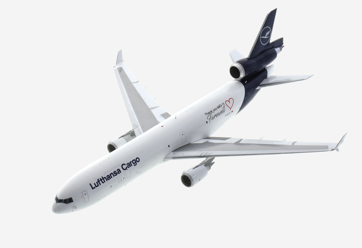 Top view of the McDonnell Douglas MD-11F 1/200 scale diecast model, registration D-ALCC in Lufthansa Cargo livery with "Farewell MD-11" logo, October 2021 - JC Wings EW2M11001  