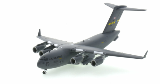 Front port side view of the 1/200 scale diecast model Boeing C-17 Globemaster III named "Spirit of the Pelicans" serial 0014 of the 437th Airlift Wing, Air Mobility Command(USAF) and associate, the 315th Airlift Wing, Air Force Reserve Command,  United States Air Force  - Gemini Jets G2AFO635