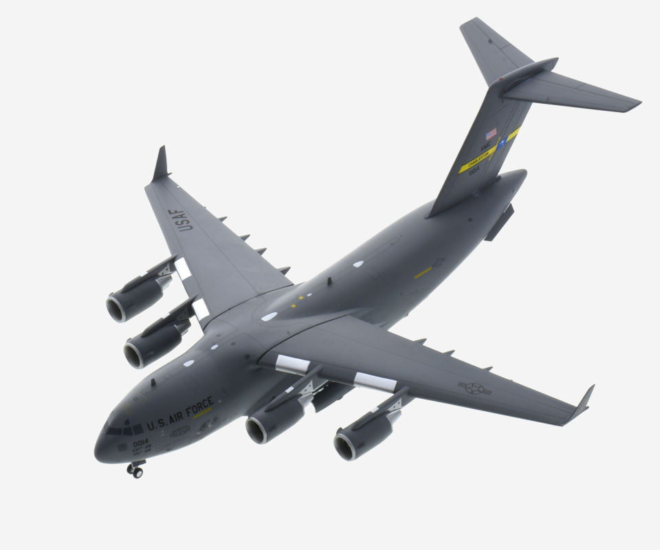 Top view of the 1/200 scale diecast model Boeing C-17 Globemaster III named "Spirit of the Pelicans" serial 0014 of the 437th Airlift Wing, Air Mobility Command(USAF) and associate, the 315th Airlift Wing, Air Force Reserve Command,  United States Air Force  - Gemini Jets G2AFO635