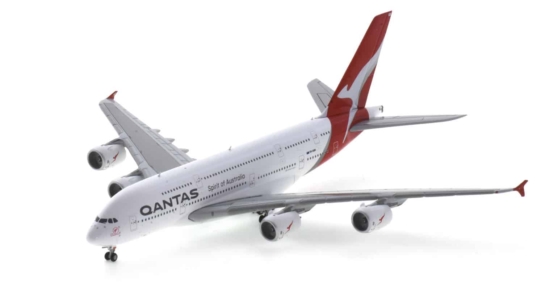 Front port side view of the  1/400 scale diecast model Airbus A380-800, named Hudson Fysh, registration VH-OQB, in Qantas Airways livery - Gemini Jets GJQFA2075