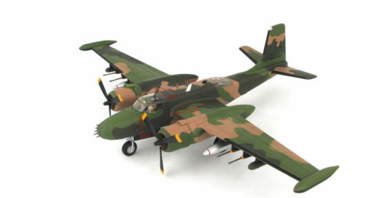 Front port vside view of the 1/72 scale diecast model Douglas B-26K (A-26A) Counter Invader s/n AF64-651. Of the 609th Special Operations Squadron, 56th Special Operations Wing, United States Air Force. Stationed at Nakhon Phanom Royal Thai Air Force Base, 1969 - Hobby Master HA3224
