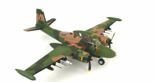Front starboard side view of the 1/72 scale diecast model Douglas B-26K (A-26A) Counter Invader s/n AF64-651. Of the 609th Special Operations Squadron, 56th Special Operations Wing, United States Air Force. Stationed at Nakhon Phanom Royal Thai Air Force Base, 1969 - Hobby Master HA3224