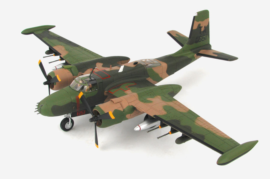 Top view of the 1/72 scale diecast model Douglas B-26K (A-26A) Counter Invader s/n AF64-651. Of the 609th Special Operations Squadron, 56th Special Operations Wing, United States Air Force. Stationed at Nakhon Phanom Royal Thai Air Force Base, 1969 - Hobby Master HA3224