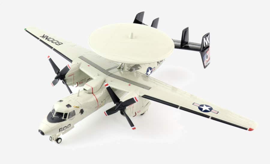 Front port side view of the 1/72 scale diecast model Northrop Grumman E-2C Hawkeye of s/n 165648, tail code NK/600 Carrier Airborne Early Warning Squadron 113 "Black Eagles", Carrier Air Wing 14, US Navy, June 2006 - Hobby Master HA4818