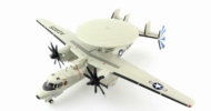 Frontport side view of the 1/72 scale diecast model Northrop Grumman E-2D Hawkeye of s/n 168599, tail code AG/605, Carrier Airborne Early Warning Squadron 121 "Bluetails", Carrier Air Wing 7, US Navy deployed aboard the USS Abraham Lincoln (CVN-72), September 2018 - Hobby Master HA4819