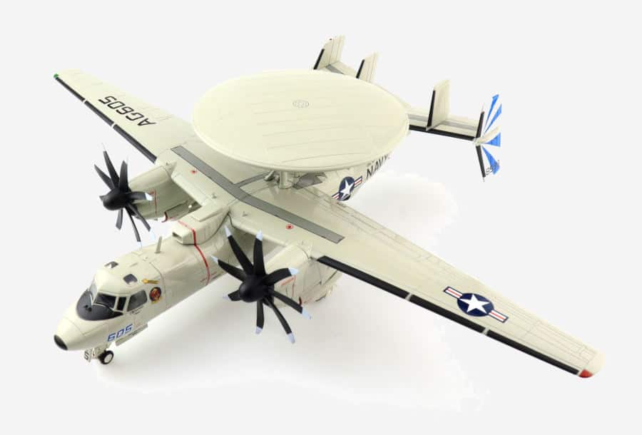 Front port side view of the 1/72 scale diecast model Northrop Grumman E-2D Hawkeye of s/n 168599, tail code AG/605, Carrier Airborne Early Warning Squadron 121 "Bluetails", Carrier Air Wing 7, US Navy deployed aboard the USS Abraham Lincoln (CVN-72), September 2018 - Hobby Master HA4819